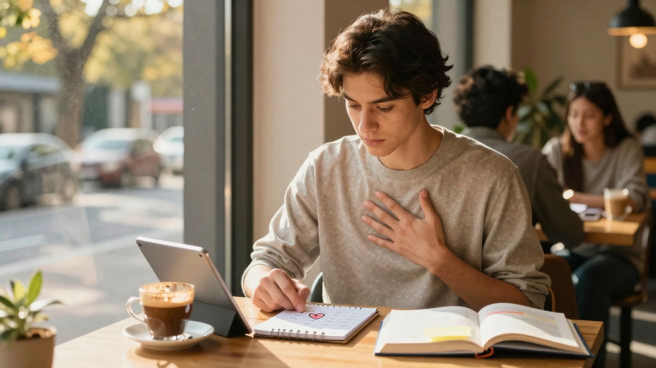 Jovem sentado num café, a olhar preocupado para um calendário com um desenho de coração marcado.