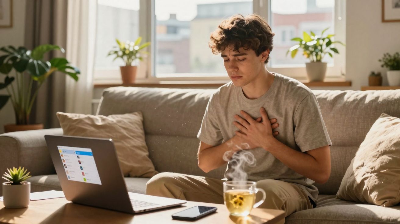 Jovem sentado no sofá com expressão de desconforto, segurando o peito, ao lado de chá quente e computador.