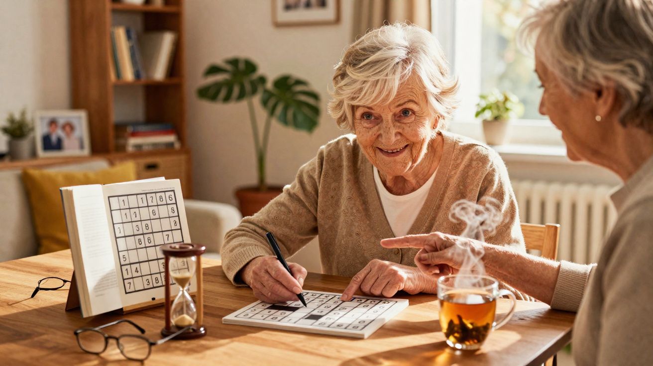 Duas idosas sentadas à mesa a resolver um puzzle de Sudoku, com chá quente e um ampulheta ao lado.