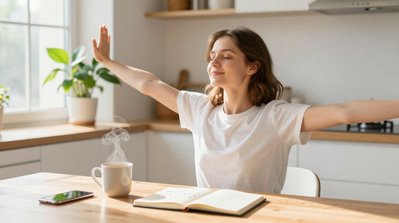 Mulher de olhos fechados estica os braços sentada à mesa com caderno, chá quente e telemóvel.