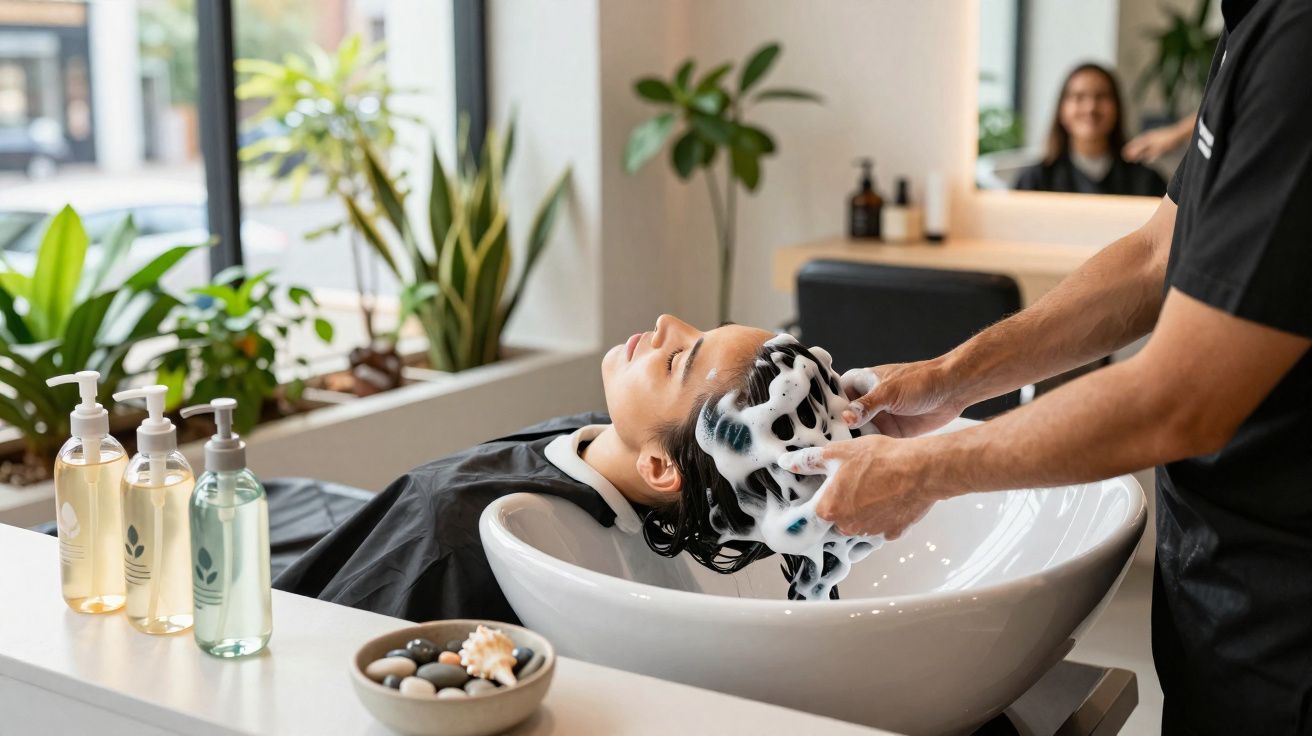 Mulher a ter o cabelo lavado com shampoo espumoso num salão de beleza moderno e luminoso.