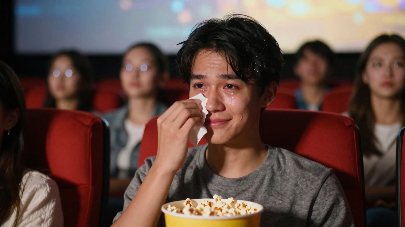 Homem chorando e a limpar as lágrimas com um lenço no cinema, segurando um balde de pipocas.