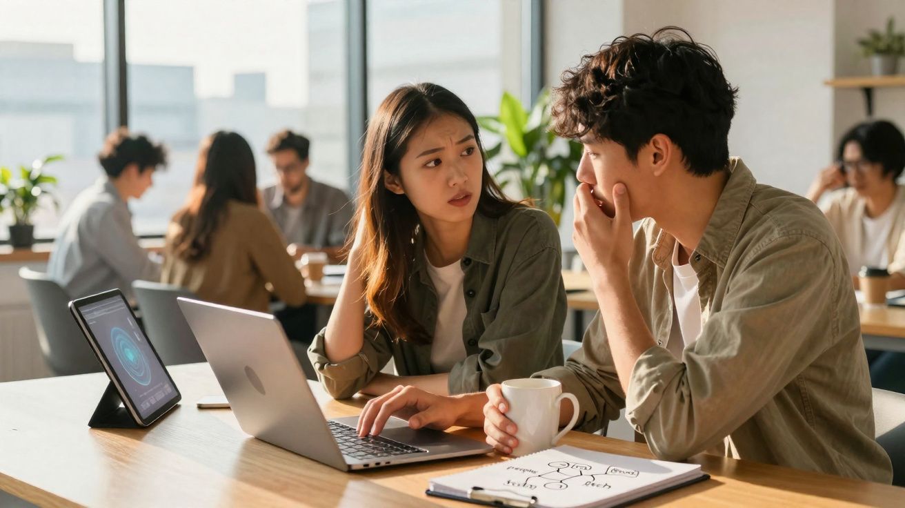 Duas pessoas jovens a discutir projeto enquanto trabalham com computadores numa sala moderna e iluminada.