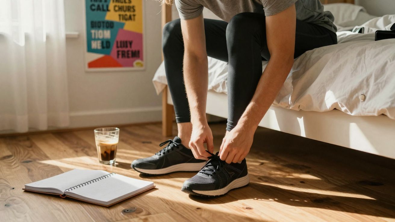 Pessoa sentada na cama a calçar ténis pretos, com caderno aberto e café ao lado no chão de madeira.