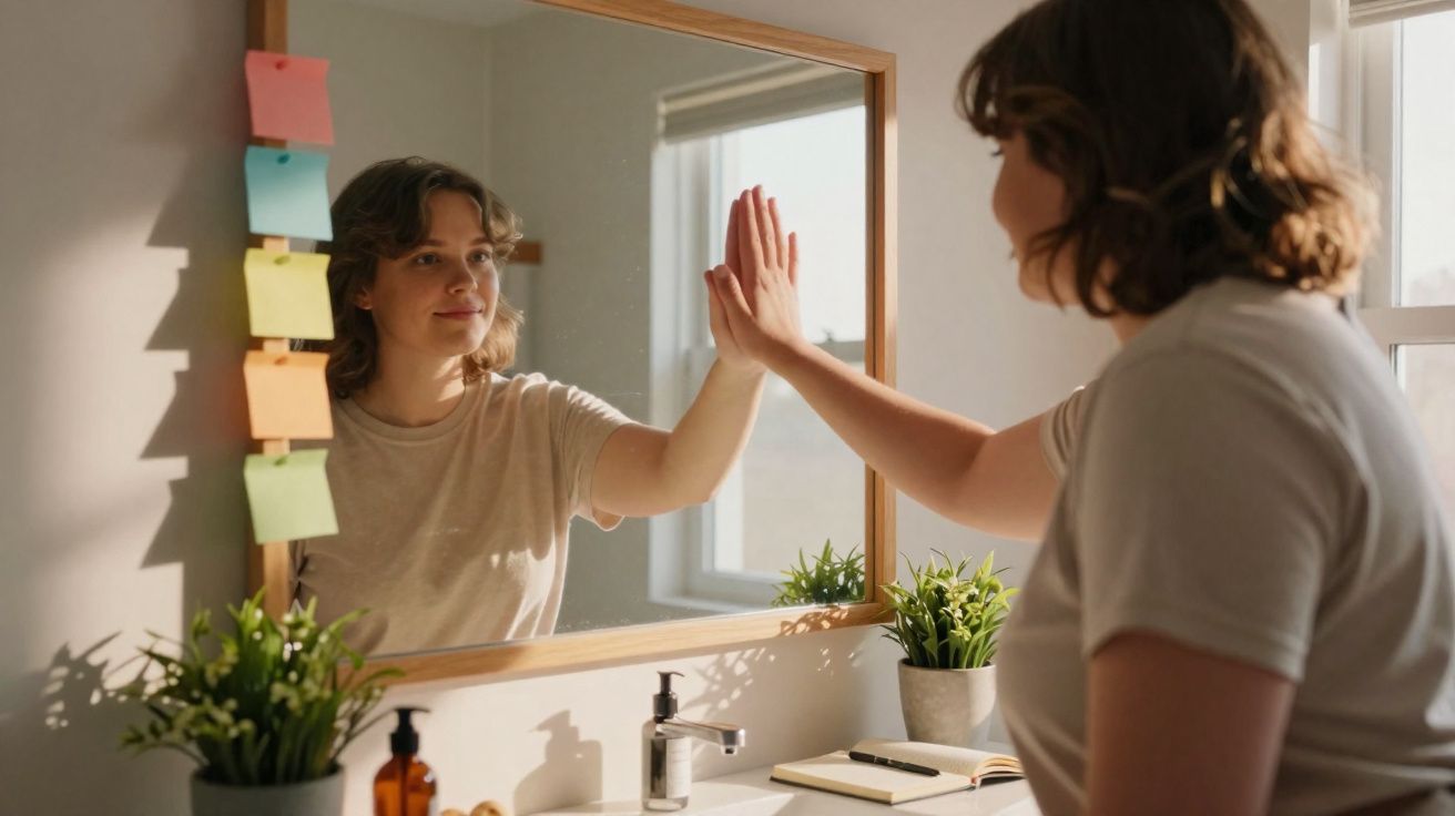 Pessoa a tocar na mão refletida num espelho numa casa com plantas e notas adesivas coloridas.