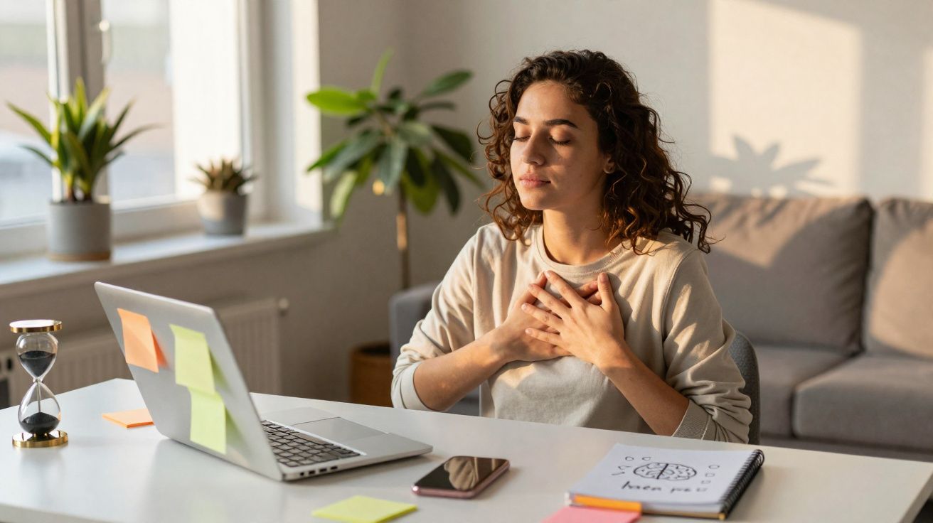 Mulher sentada a meditar com olhos fechados, mãos no peito, ao lado de computador e plantas numa sala.