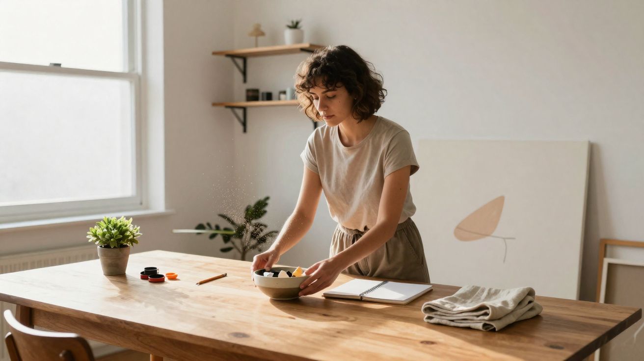 Mulher em ambiente caseiro prepara ingredientes numa tigela num espaço iluminado por luz natural.