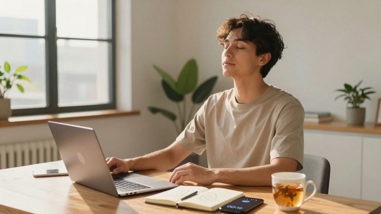 Jovem sentado numa mesa com portátil, caderno e chá, com olhos fechados numa pausa relaxante.