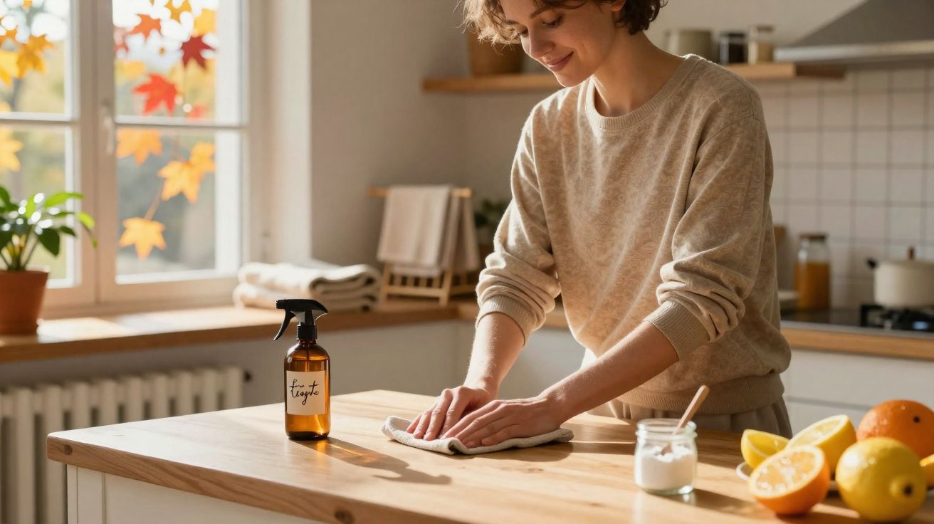 Mulher a limpar bancada de cozinha em ambiente iluminado com produtos naturais e fruta fresca.