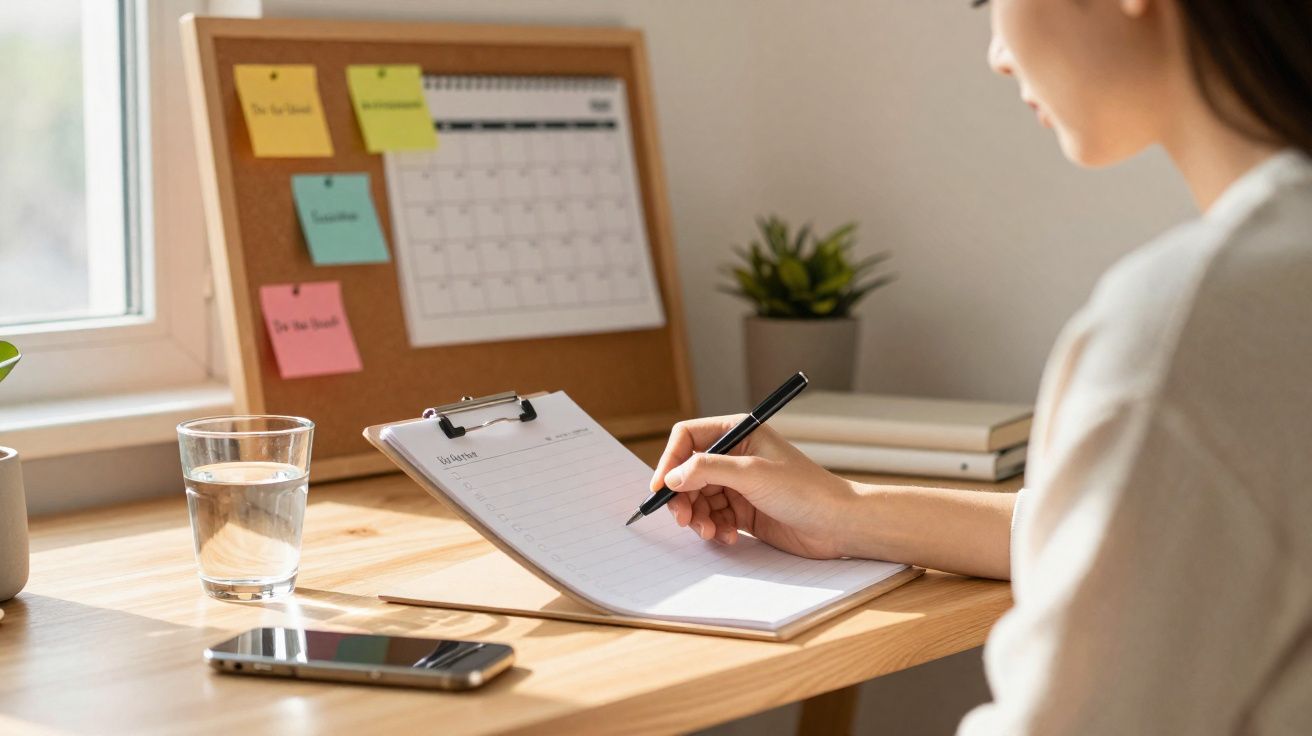 Pessoa a escrever numa prancheta num escritório com calendário e notas numa quadro de cortiça.