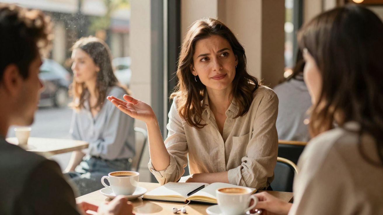 Mulher a falar com duas pessoas num café, com cadernos e três chávenas de café à frente.