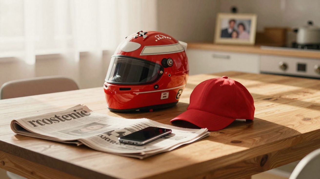 Capacete vermelho, boné, telemóvel e jornal sobre mesa de madeira numa cozinha iluminada.