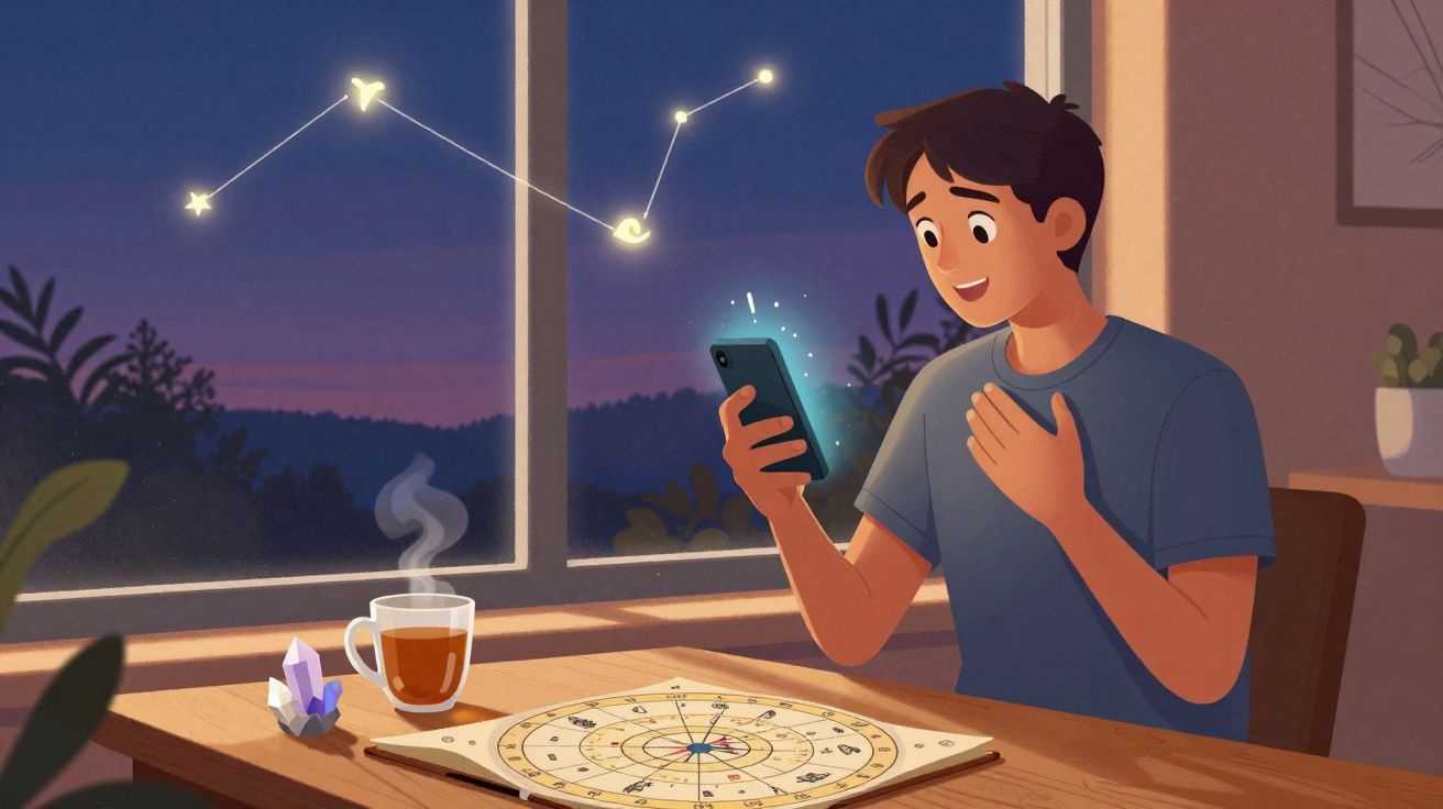 Jovem consultando signos no telemóvel com mapa astrológico e chá em mesa ao entardecer.