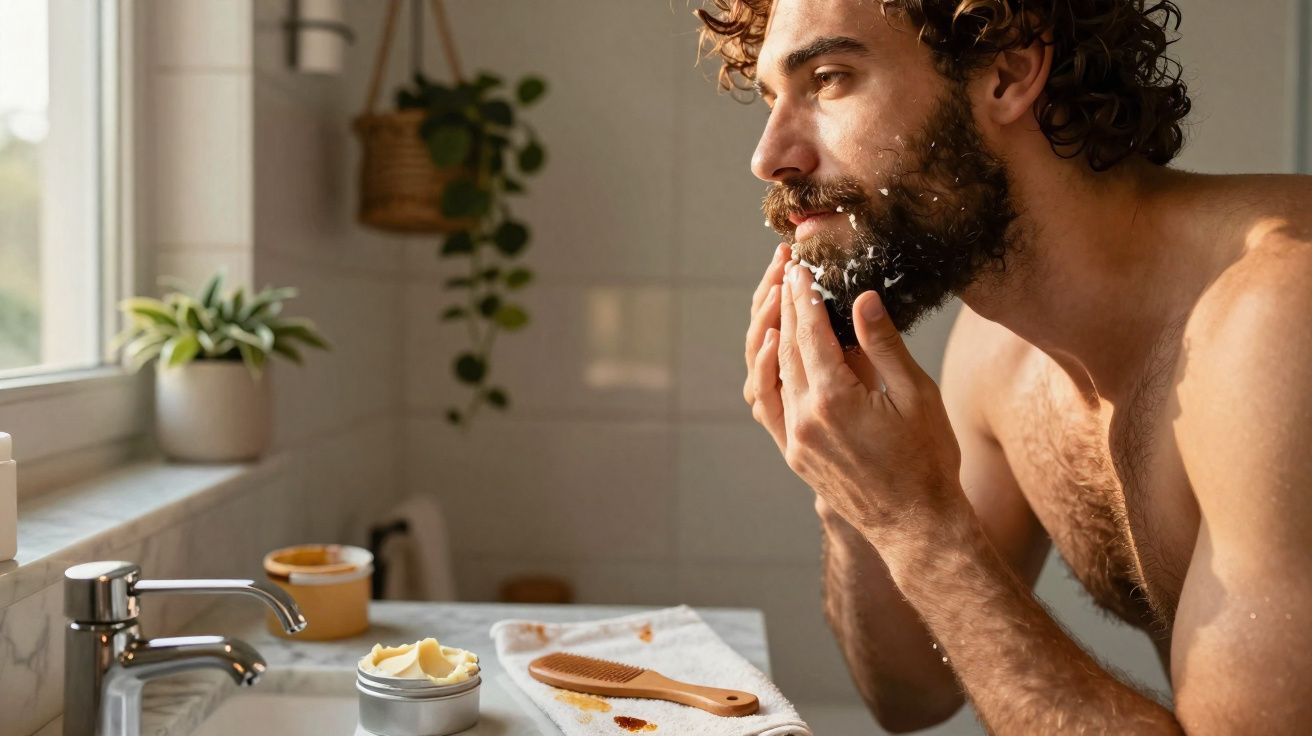 Homem a aplicar creme na barba num banheiro iluminado pela manhã, com plantas ao fundo.