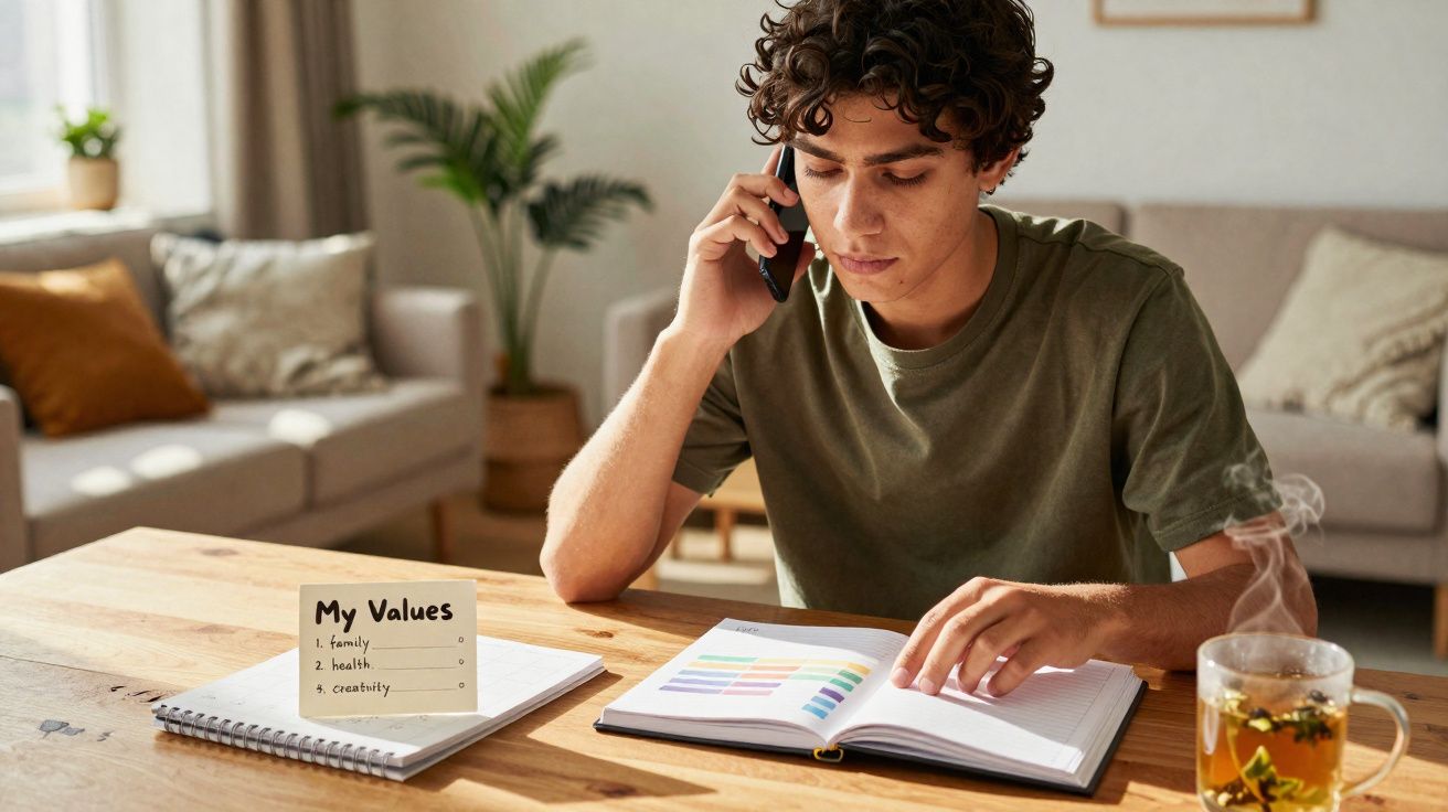Jovem sentado à mesa a falar ao telemóvel, a consultar agenda, com chá e caderneta com valores escritos.