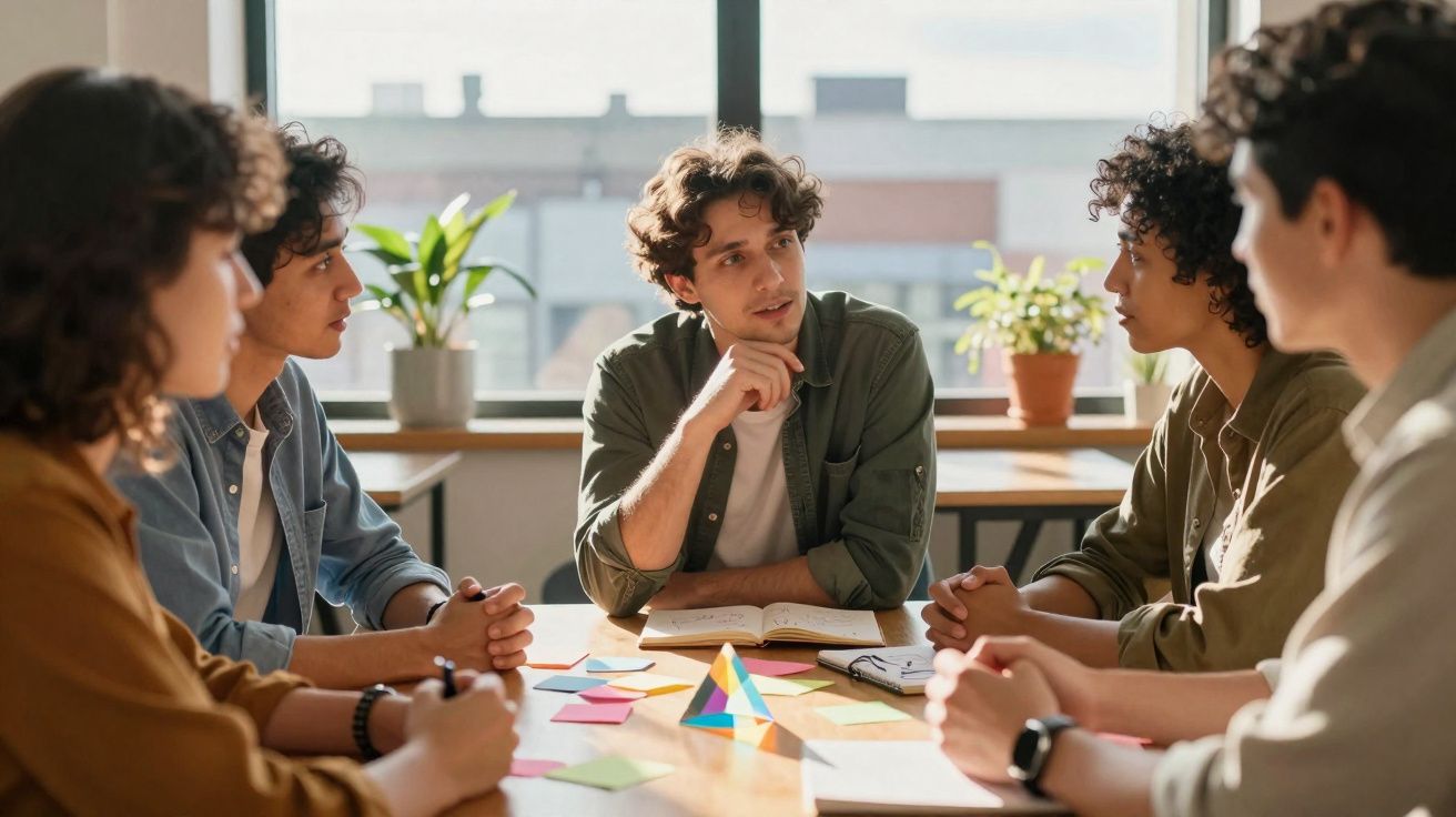 Grupo de jovens sentados à mesa a discutir ideias com post-its e caderno numa reunião informal.