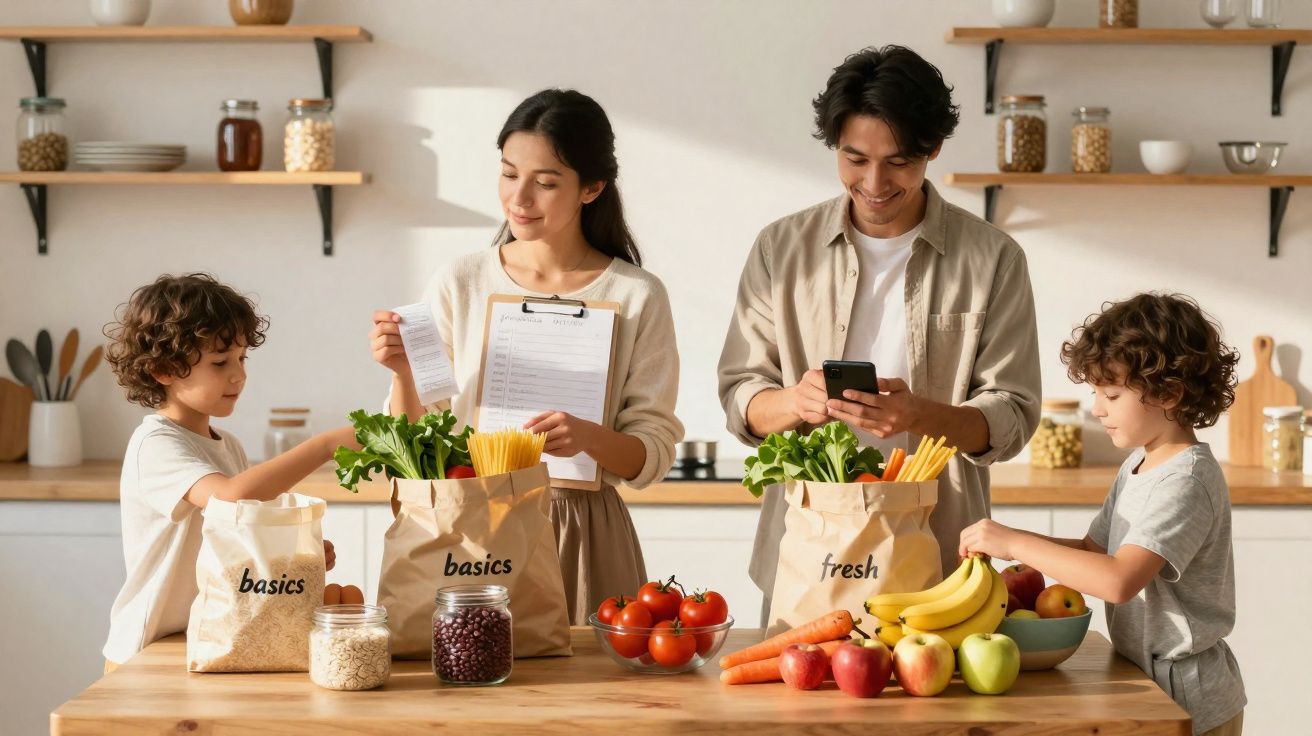 Família com duas crianças desempacotando compras saudáveis na cozinha enquanto consultam lista e telemóvel.
