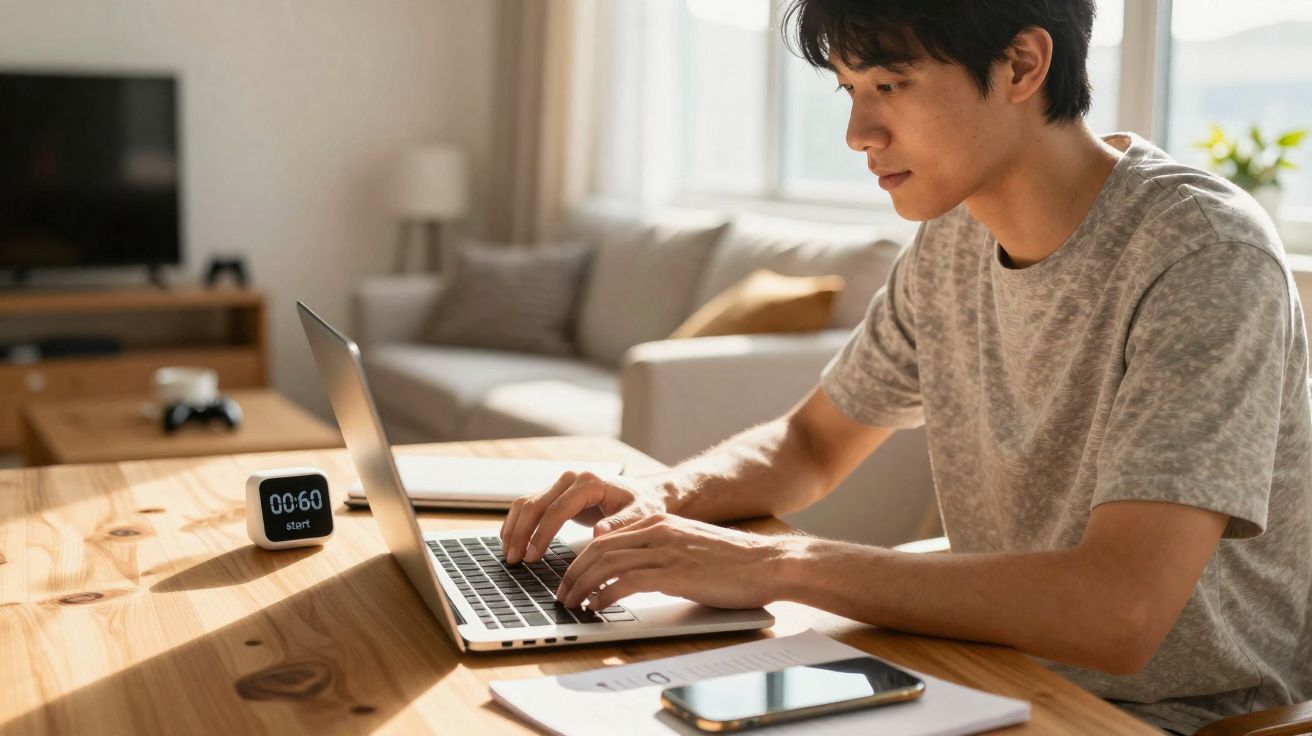 Homem a usar computador portátil numa mesa com relógio digital, telemóvel e documentos numa sala iluminada.