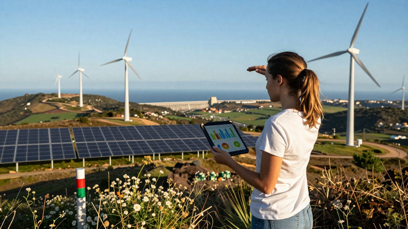 Mulher com tablet observa turbinas e painéis solares numa paisagem rural com céu limpo.
