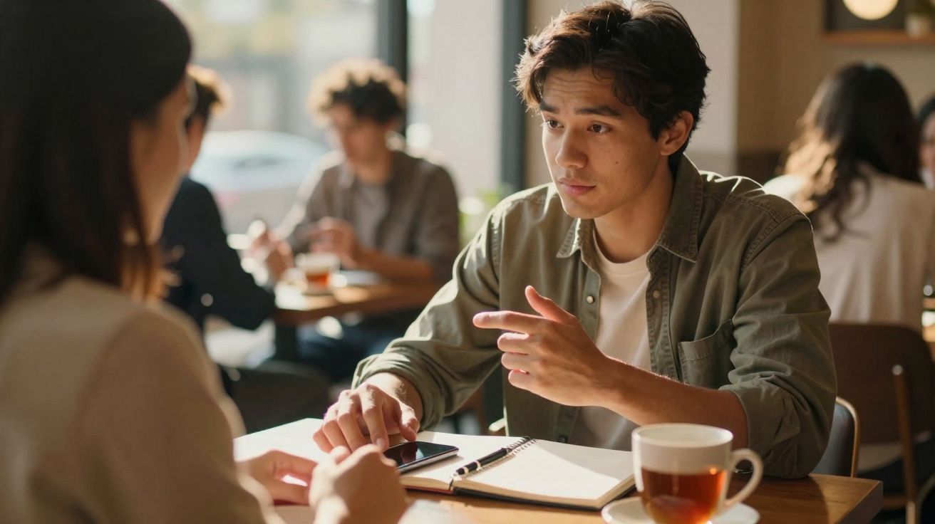 Dois jovens conversam num café, com cadernos e chá na mesa entre eles.