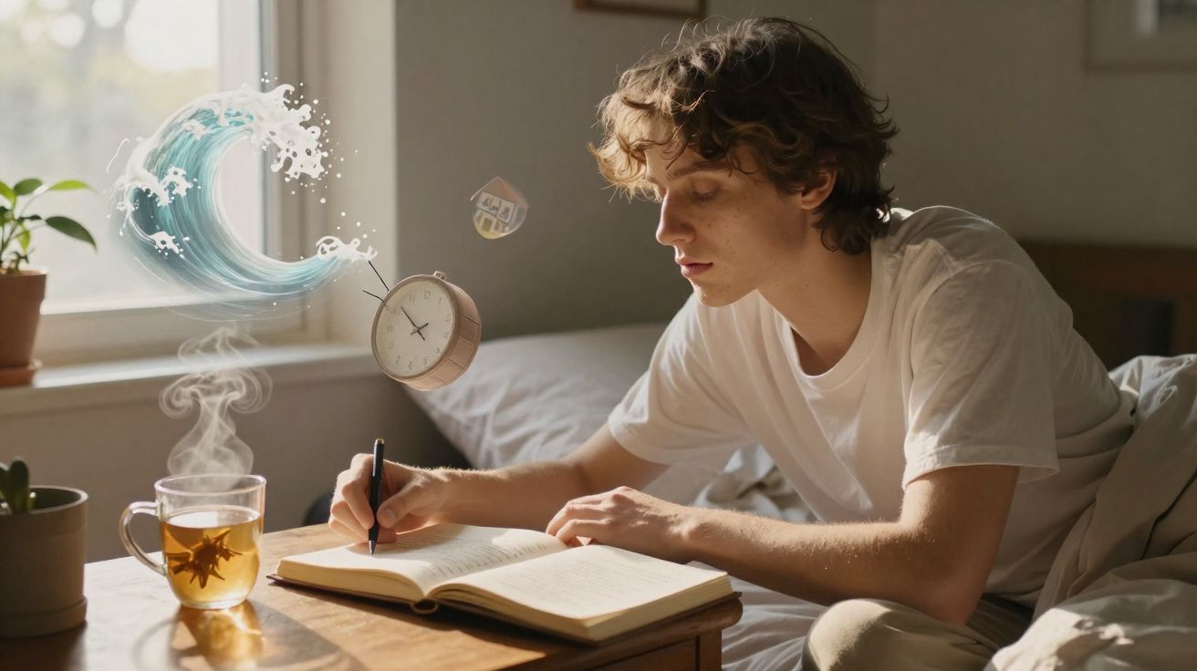 Jovem a escrever num livro na cama, com chá fumegante e elementos flutuantes de onda e relógio.