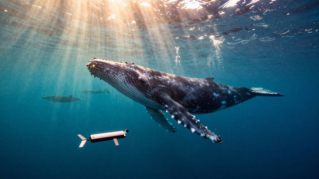 Baleia jubarte submersa perto de dispositivo robótico com raios de sol a penetrar no oceano.