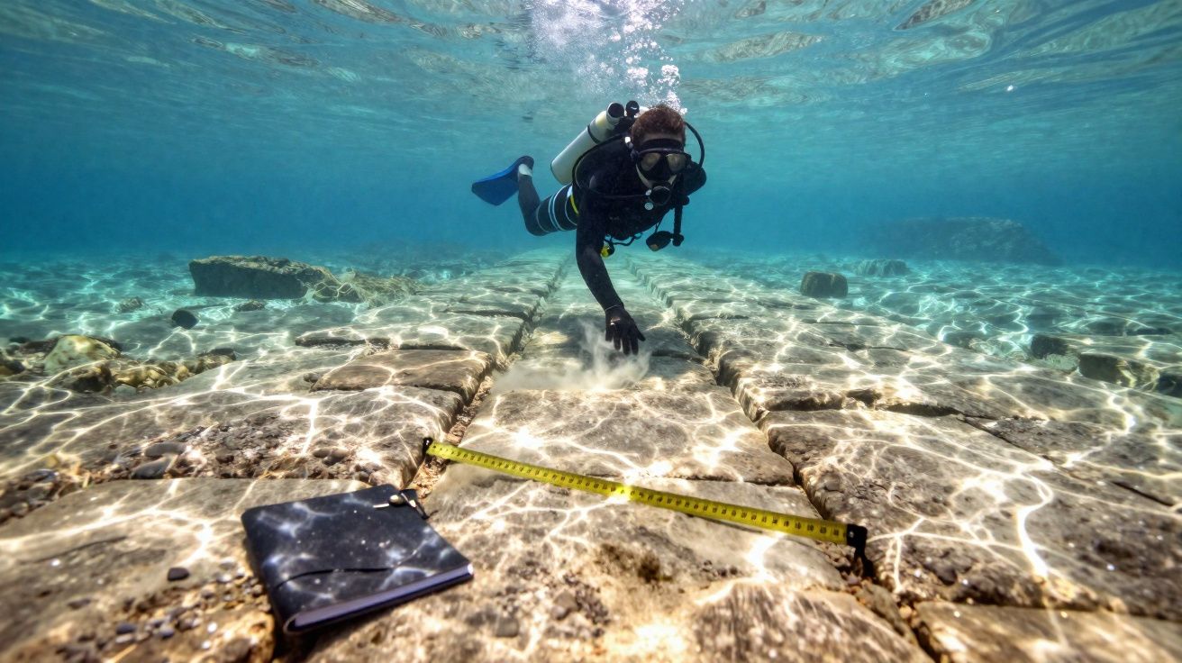 Mergulhador a explorar ruínas subaquáticas, com fita métrica e caderno no fundo do mar.