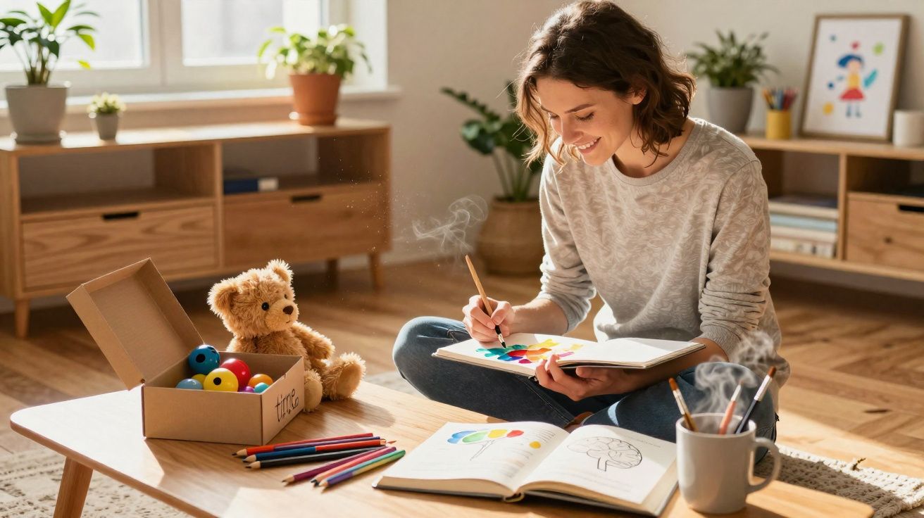 Mulher sentada no chão a pintar num caderno, com lápis de cor e ursinho de peluche numa sala acolhedora.