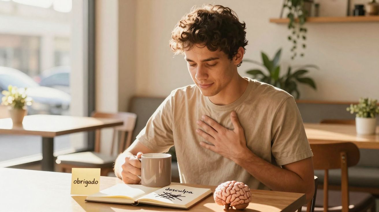 Jovem sentado a beber chá com mão no peito, com notas de agradecimento e desculpa numa mesa iluminada.