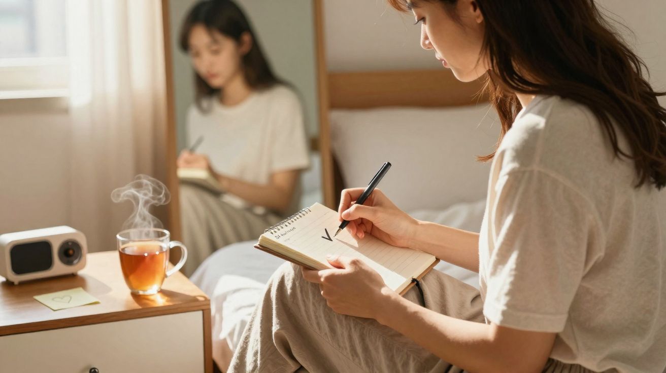 Duas mulheres sentadas no quarto, escrevendo em cadernos, com chá quente e rádio na mesa ao lado.