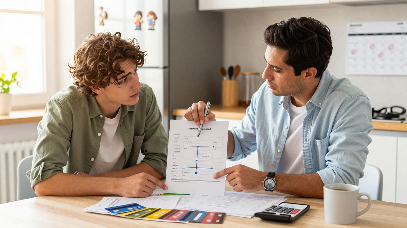 Dois homens sentados à mesa, analisando gráficos e documentos numa conversa numa cozinha bem iluminada.
