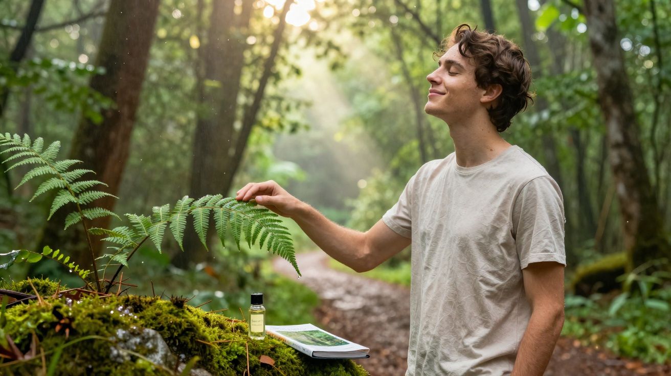 Jovem em floresta, com olhos fechados, toca uma folha de fetos, ao lado de óleos essenciais e caderno.