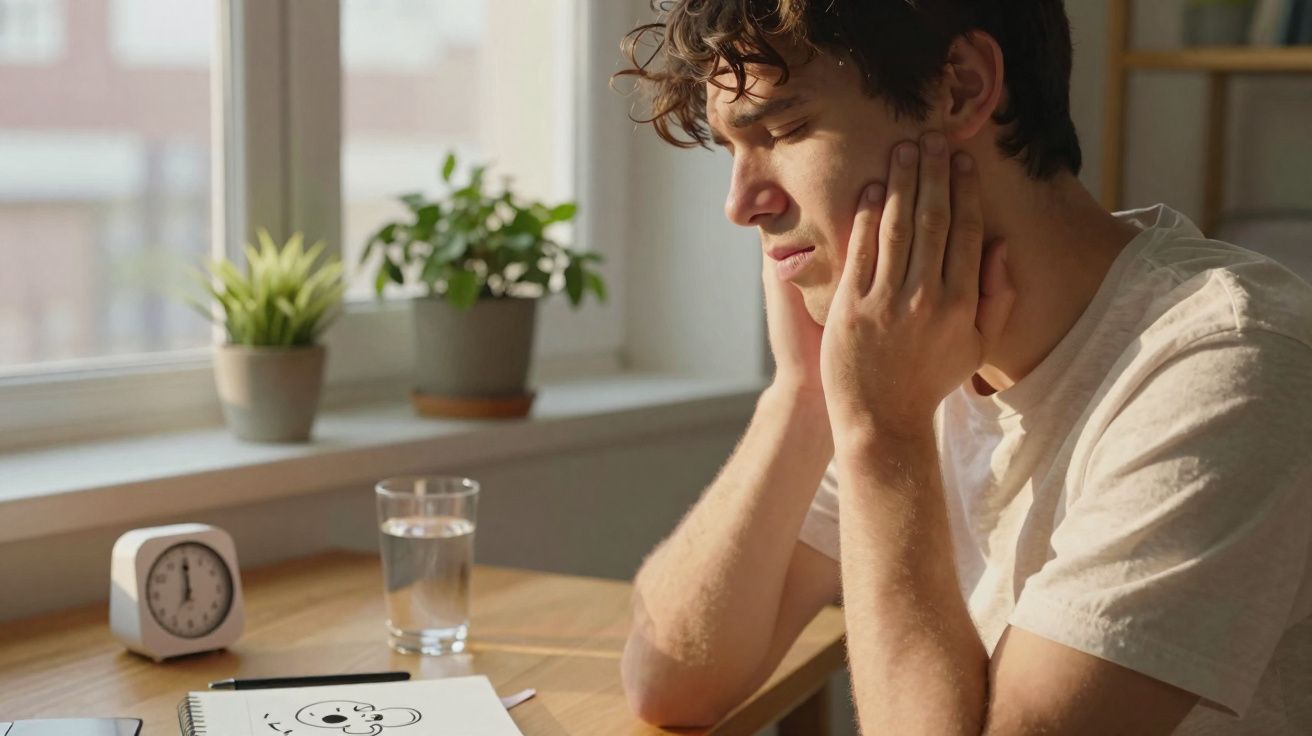 Jovem sentado à mesa com expressão de incómodo, segurando a cabeça com as mãos, luz natural da janela.