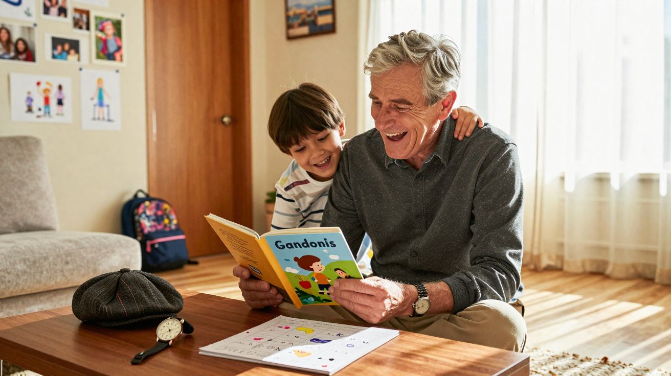 Avô e neto felizes a ler um livro infantil juntos numa sala iluminada.