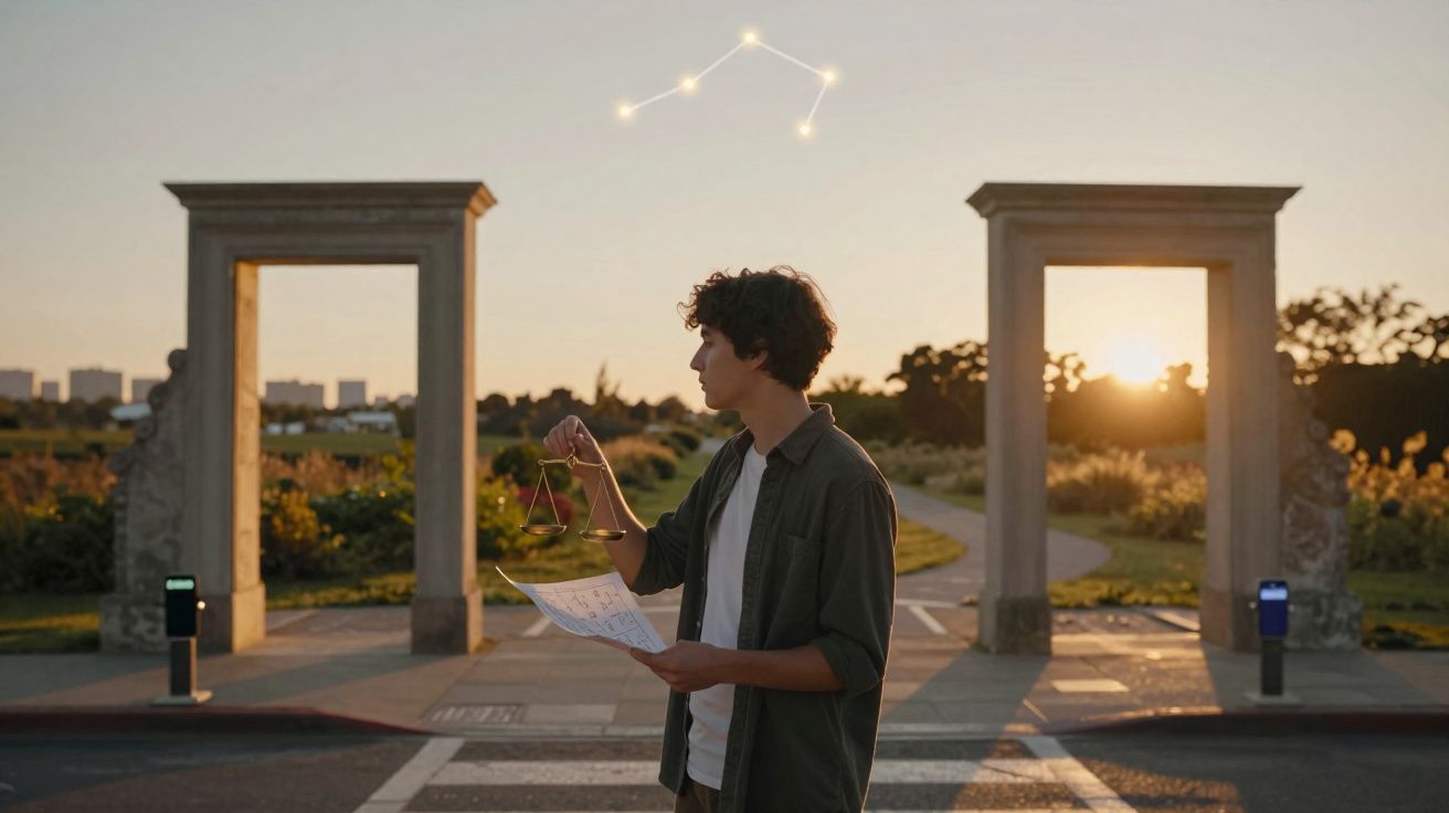 Jovem segurando balança e mapa próximo de dois arcos, com constelação iluminada ao pôr do sol.