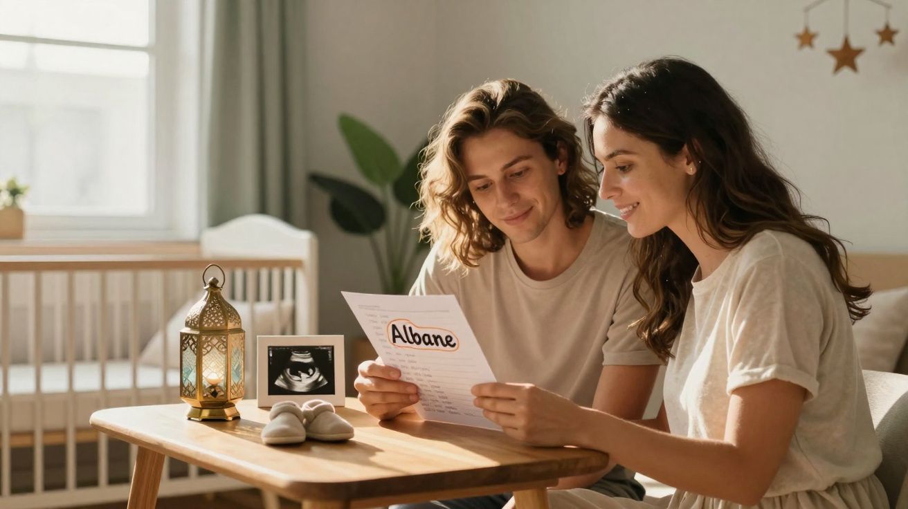 Casal feliz sentado à mesa a ler um papel com o nome "Albane", na sala com berço e sapatinhos de bebé.