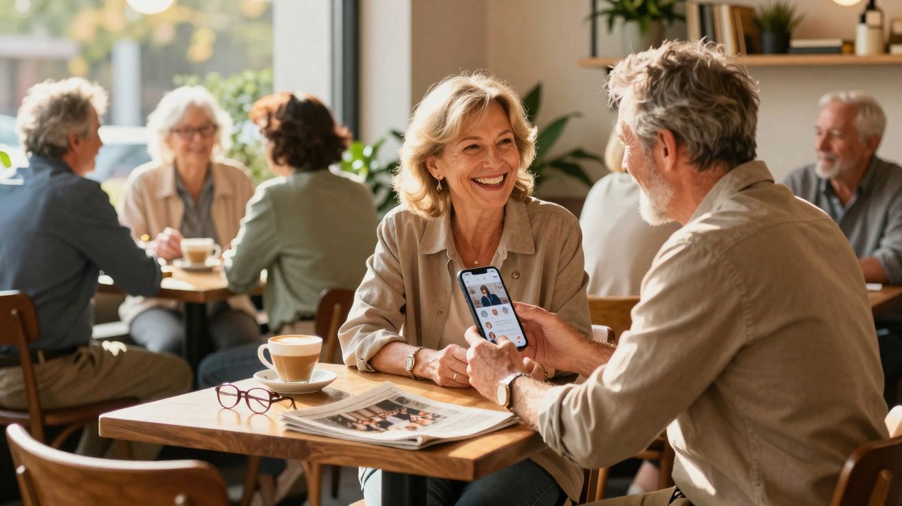 Casal sénior a sorrir e a usar smartphone num café com outras pessoas ao fundo.