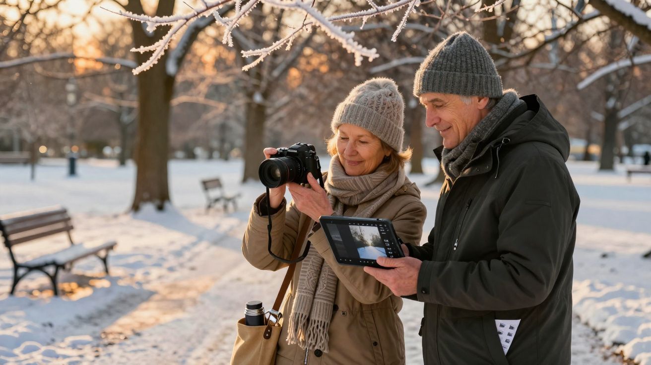 Casal sénior com roupas de inverno analisa fotos num parque nevado ao entardecer.