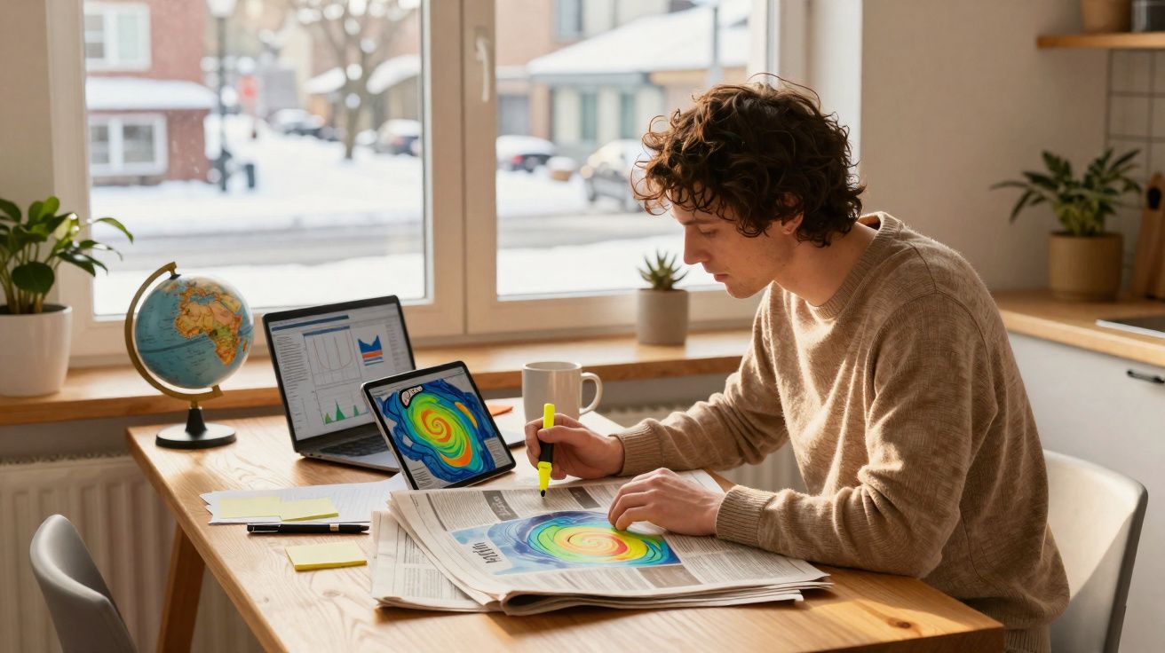 Homem a estudar mapas de tempestade no jornal com computador portátil e globo num escritório iluminado pela janela.