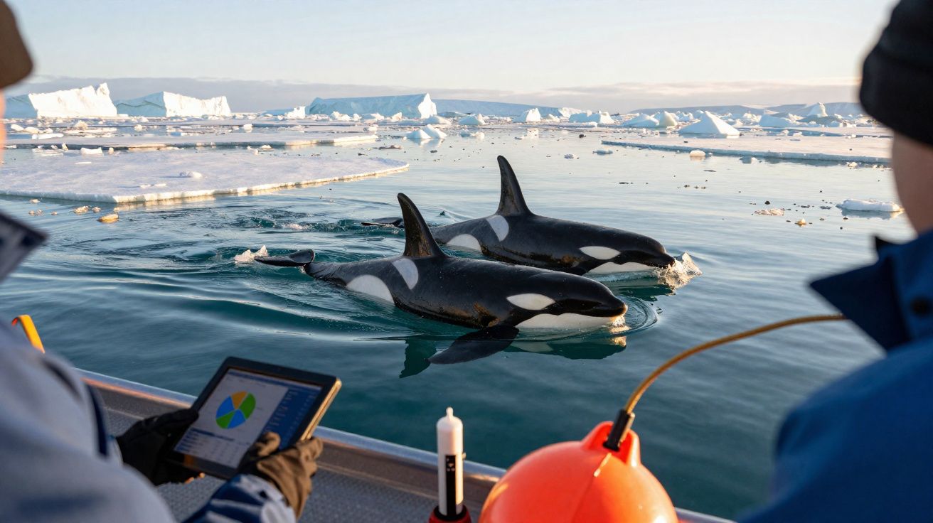 Duas orcas nadam junto a um barco, rodeadas por blocos de gelo num mar polar calmo.