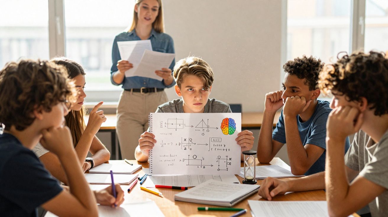 Aluno a apresentar trabalho sobre matemática para grupo de colegas numa sala de aula com professora a observar.