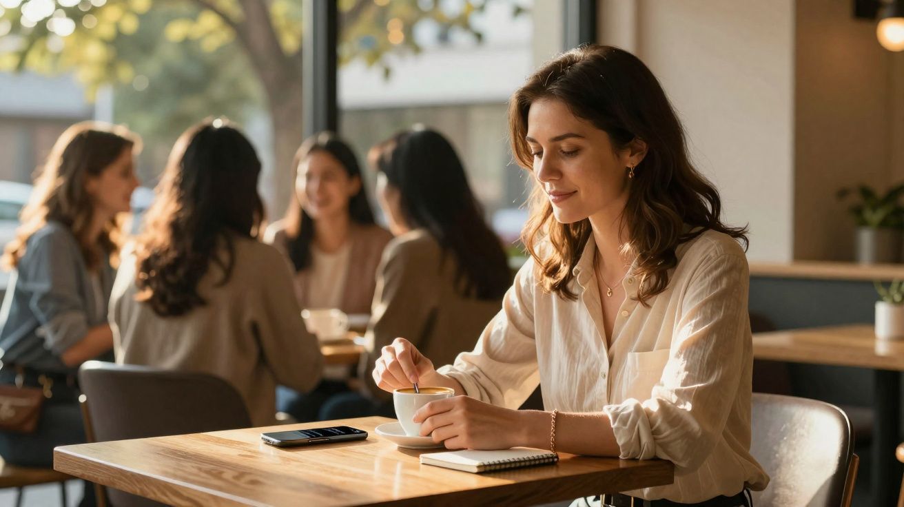 Mulher sentada sozinha numa mesa de café, mexendo no café com colher enquanto sorri ligeiramente.
