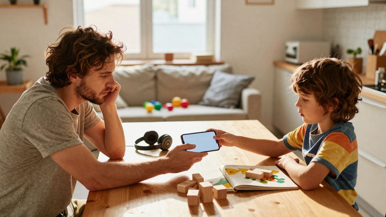 Pai e filho sentados à mesa, o pai mostra o telemóvel ao filho numa sala iluminada e moderna.