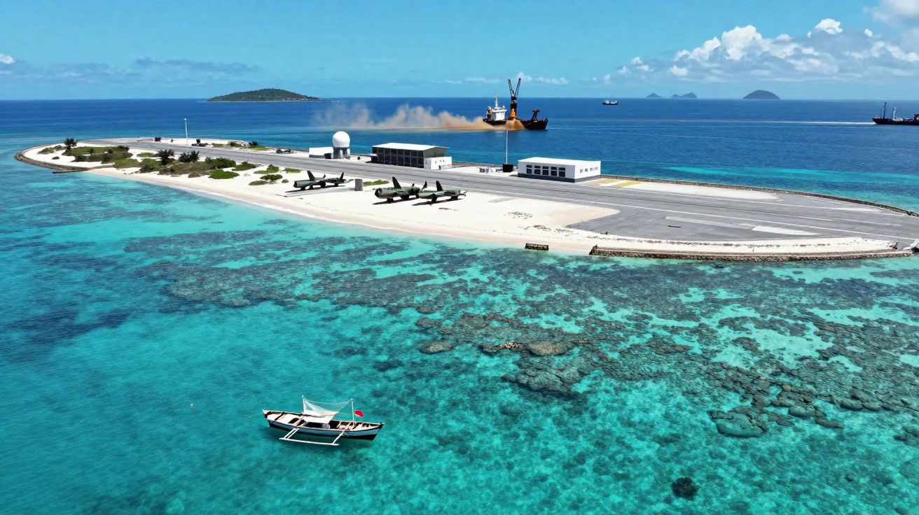 Ilha pequena com pista de aterragem, aviões militares, águas cristalinas e barco tradicional próximo da costa.