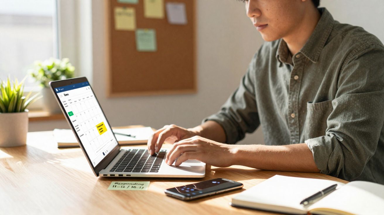 Pessoa a trabalhar num computador portátil com calendário aberto, smartphone e caderno numa mesa de madeira.