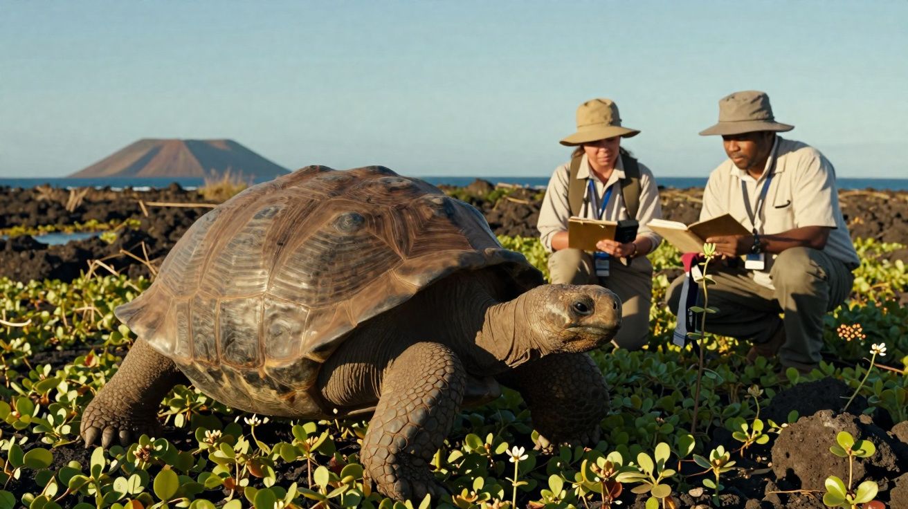 Tartaruga gigante em habitat natural com dois biólogos a observá-la e a anotar dados ao fundo.