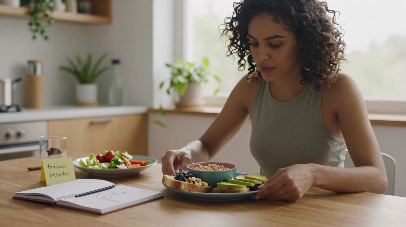 Mulher a preparar um pequeno-almoço saudável na cozinha, com frutas, torradas e iogurte, ao lado de um caderno aberto.