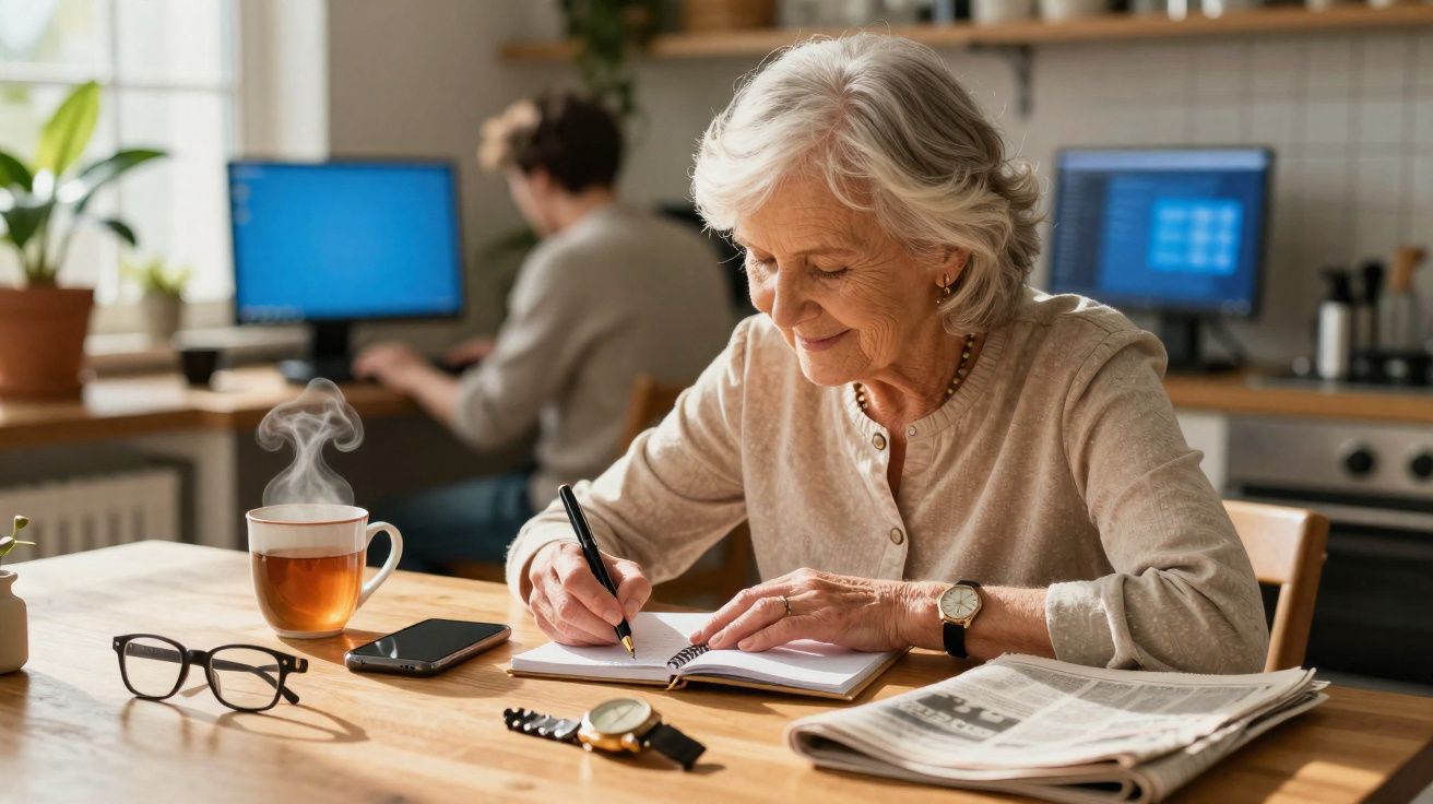 Mulher idosa a escrever num caderno numa mesa com chá, óculos, telemóvel e jornal, ambiente doméstico.