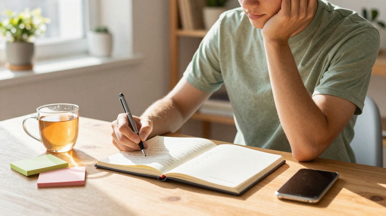 Pessoa a escrever num diário numa mesa com chá, notas adesivas e telemóvel, em ambiente luminoso interior.