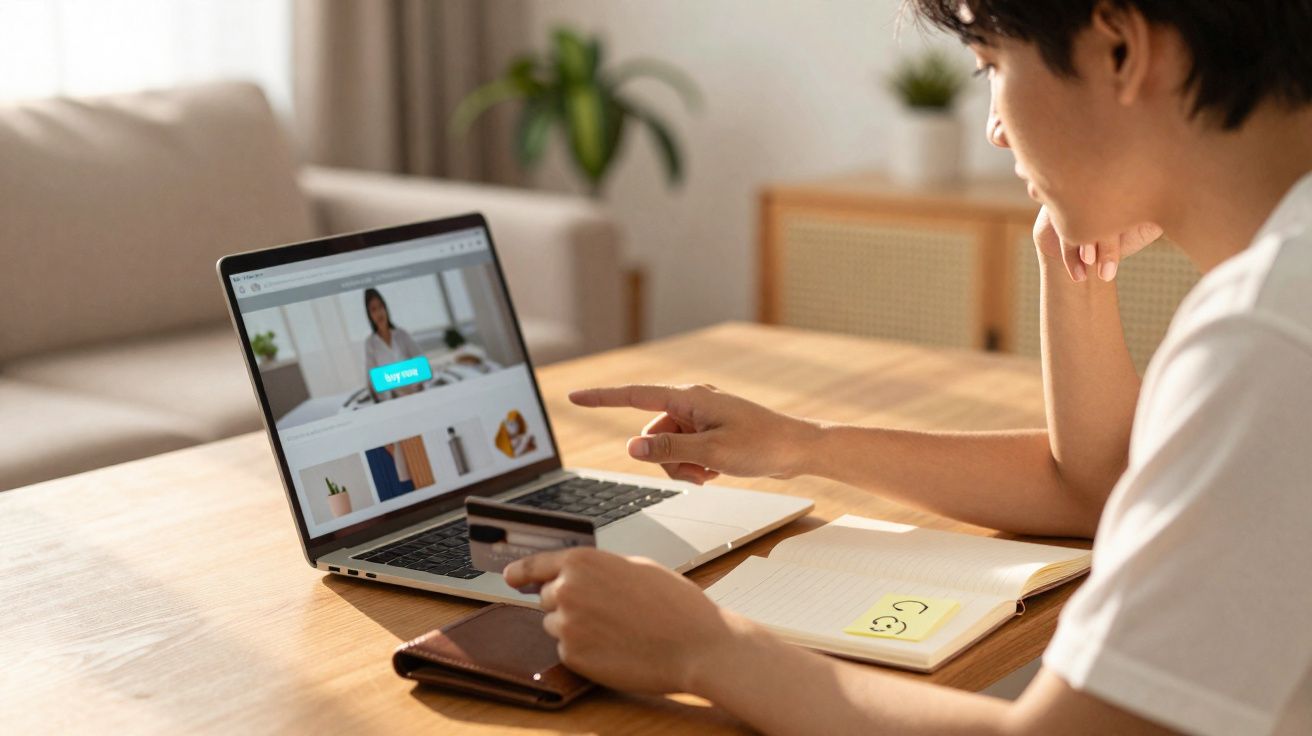 Pessoa a fazer compras online num portátil, segurando cartão de crédito numa mão e apontando ecrã.